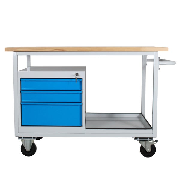 PROREGAL Mobile Werkbank Light Rhino mit Ablagefach 3 Schubladen HxBxT 85 x 130 x 60 cm 2 Lenkrollen 2 Bockrollen Traglast 300 kg Lichtgrau Blau