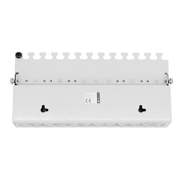 Patchpanel für Cat 6A Netzwerke mit 12 Anschlüssen, geeignet zur Wandmontage, entspricht europäischen Sicherheitsstandards, ProfiPatch Logo.