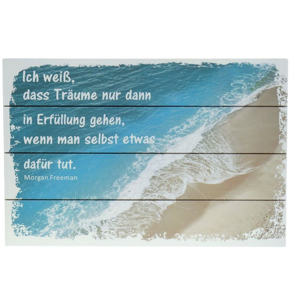 Dekoratives Holzschild mit Strandmotiv und Zitat von Morgan Freeman