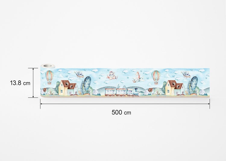 Bordüre für das Kinderzimmer mit Häusern, Zügen und Heißluftballons, 13,8 Zentimeter hoch und 500 Zentimeter lang.