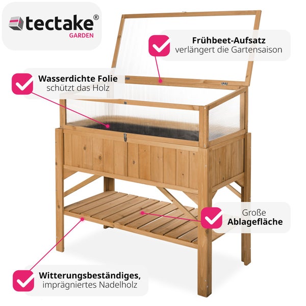 Hochbeet tectake  119 x 57 x 124 cm aus Holz, mit Ablage und Frühbeet-Aufsatz braun