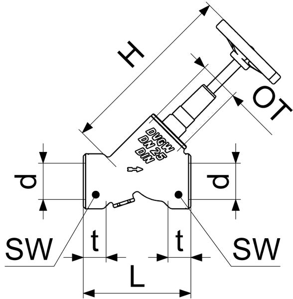 Technische Zeichnung eines Freistromventils mit Maßangaben für Höhe, Länge und Durchmesser.