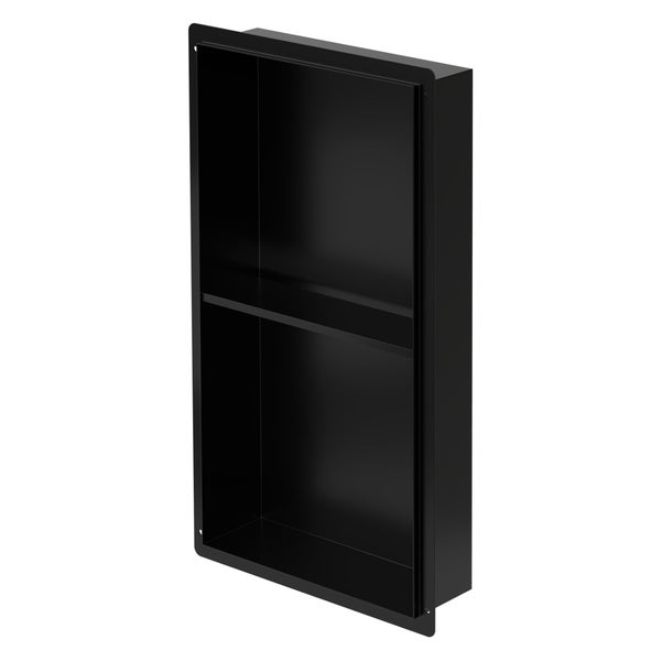 Schwarze Wandnische aus Edelstahl für Dusche und Bad mit zwei Fächern zur Unterputzmontage.