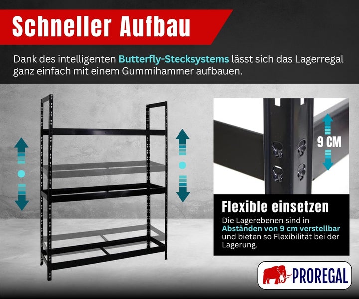 Schwarzes Schwerlastregal aus Metall mit vier Ebenen und Butterfly-Stecksystem. Böden alle 9 Zentimeter verstellbar. Proregal Logo.