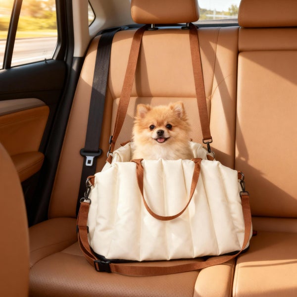 Kleiner Hund in einer gepolsterten Hundetransporttasche auf dem Rücksitz eines Autos, mit Gurten an der Kopfstütze befestigt.