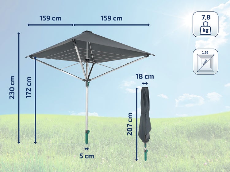Leifheit Wäschespinne LinoProtect 400 mit wasserdichtem Dach, Wäscheschirm verlängert die Outdoor-Trockensaison, Wäscheständer aus Aluminium inkl. Bodenhülse