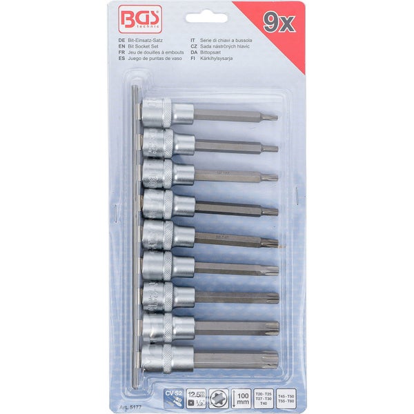 BGS Bit-Einsatz-Satz Antrieb Innenvierkant 12,5 mm (1/2) T-Profil (für Torx) 9tlg. - 5177
