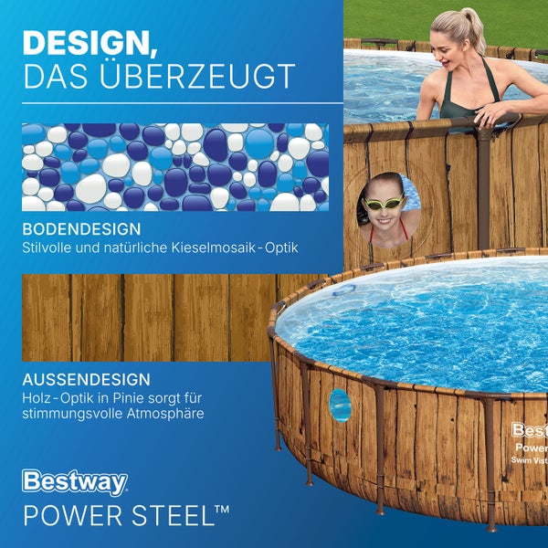 Bestway Power Steel Aufstellpool mit Außenwand in Pinienholz-Optik, Innenverkleidung im Kieselmosaik-Design und integriertem Sichtfenster.