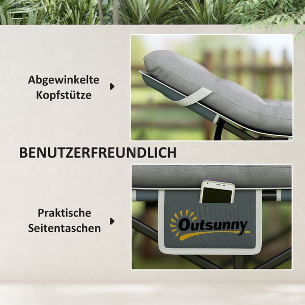 Outsunny Feldbett faltbar Campingbett mit Matratze Kopfkissen Seitentasche 190 x 65 x 37 cm Campingliege für Erwachsene Gästebett bis 150 kg Klappbett für Outdoor, Garten Camping Reisen Hellgrau