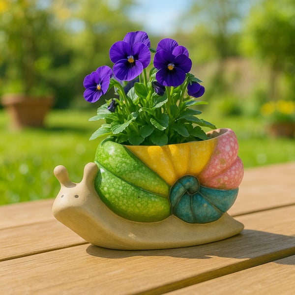 Blumentopf in Schneckenform mit Stiefmütterchen auf einem Holztisch