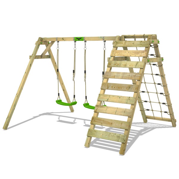 FATMOOSE Kinderschaukel Schaukelgestell JollyJungle Schaukel, Schaukelgerüst, Doppelschaukel, Holzschaukel mit Kletteranbau