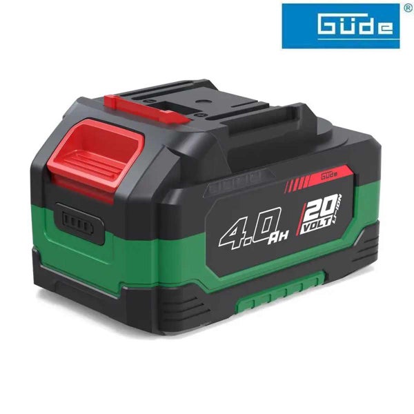 Güde Logo. Grüner und schwarzer Güde Akku-Pack, Lithium-Ionen, 4,0 Amperestunden, 20 Volt.
