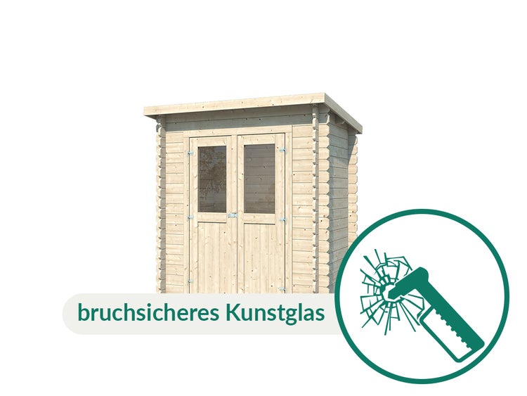 Gartenhaus aus Holz mit bruchsicherem Kunstglas in den Türen.