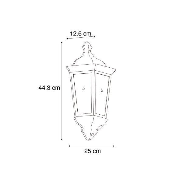 Maßzeichnung Außenwandleuchte Laterne: Höhe 44,3 Zentimeter, Breite 25 Zentimeter, Tiefe 12,6 Zentimeter.