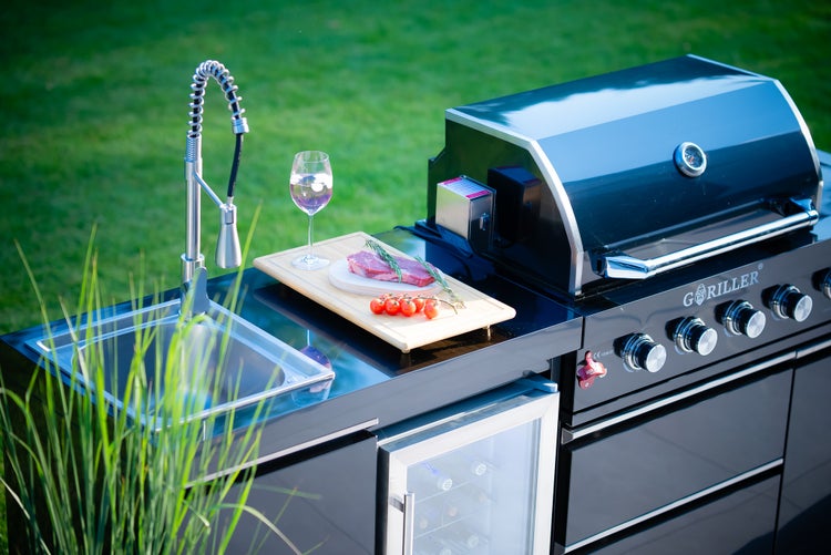 GORILLER® BLACKBACK S6 Outdoor-Küche, Gasgrill mit Kühlschrank-Waschbecken-Kombination, Edelstahl, Schwarz