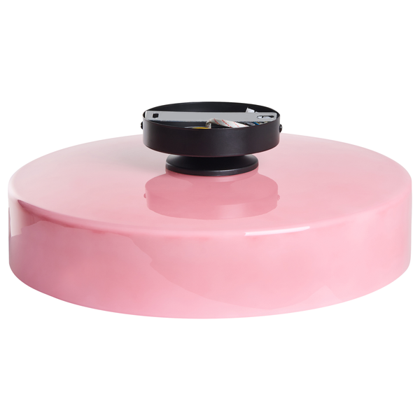 Runde Deckenleuchte aus rosa Glas mit schwarzer Metallhalterung
