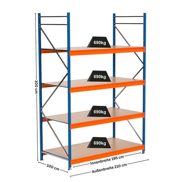 Regal mit vier Ebenen und einer Traglast von 690 Kilogramm pro Ebene, Abmessungen: 300 Zentimeter hoch, 100 Zentimeter tief, Innenbreite 195 Zentimeter, Außenbreite 210 Zentimeter