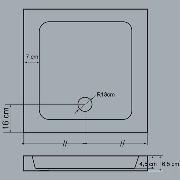 Technische Zeichnung einer Duschwanne mit Maßangaben