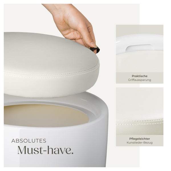 Runder Hocker mit Kunstlederbezug und Griffaussparung