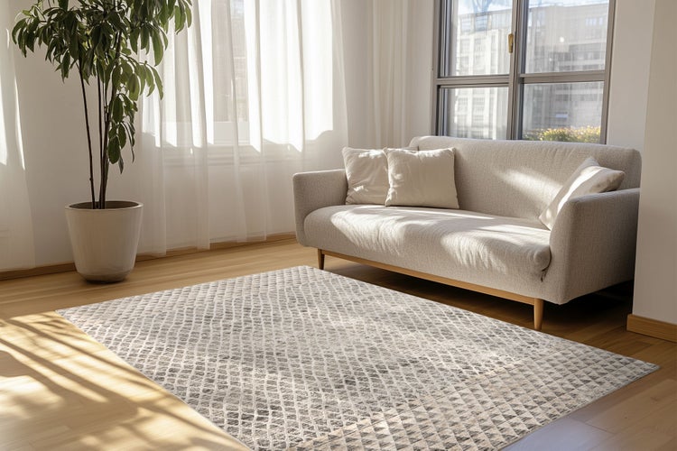 Wohnzimmer mit modernem Teppich mit Rautenmuster vor einem Sofa mit Kissen und einer großen Pflanze in einem hellen Raum mit Parkettboden