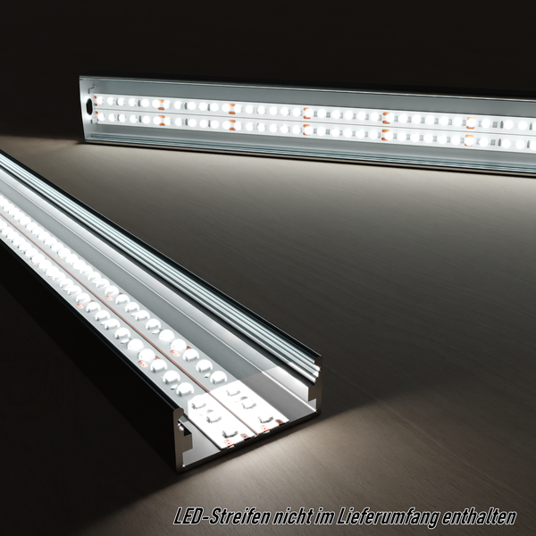 TIVENDIS Led Alu Profil 2 m AB Komplett Set für Strip / Streifen bis 20 mm breit | Abdeckung transparent klar, Endkappen, Befestigungclips | U-Form Aufputz Deckenleiste Wandprofil eloxiert