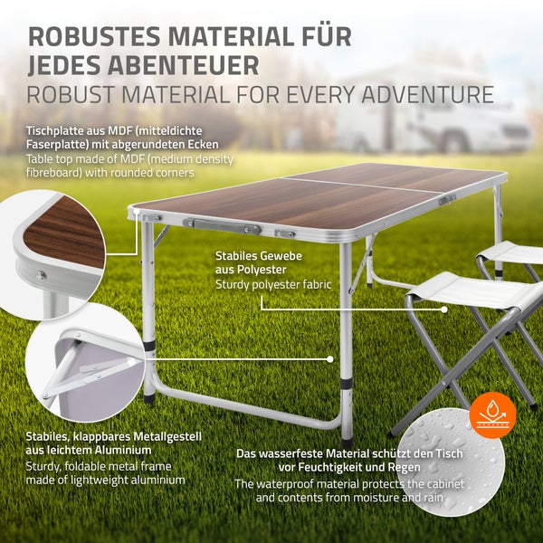 ECD Germany Campingtisch Set mit 4 Hocker, 120x60x55/63/70 cm höhenverstellbar, klappbar, Holzdekor, aus Aluminium und MDF, Campingmöbel Set Klappmöbel Klapptisch Falttisch Gartentisch mit 4 Stühle