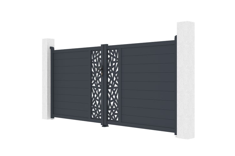 Zweiflügeliges Einfahrtstor aus Aluminium in Anthrazit mit horizontalen Lamellen und dekorativem geometrischem Muster in der Mitte.
