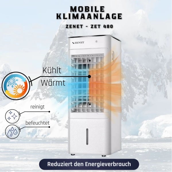 Mobiler Luftkühler Zenet ZET-480 mit Heizfunktion, Luftbefeuchter & Luftreiniger – tragbares Klimagerät für Räume, 4-in-1, energieeffizient