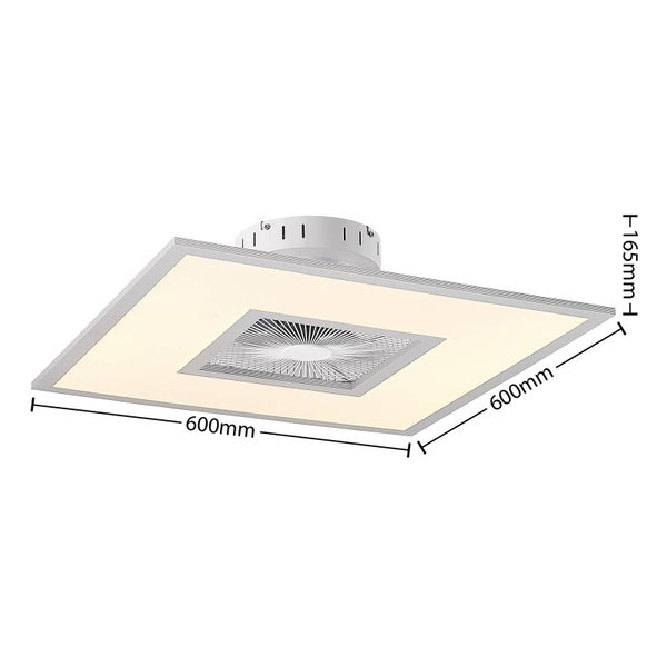 Quadratische LED-Deckenleuchte mit integriertem Ventilator, 600 mal 600 Millimeter, Höhe 165 Millimeter.