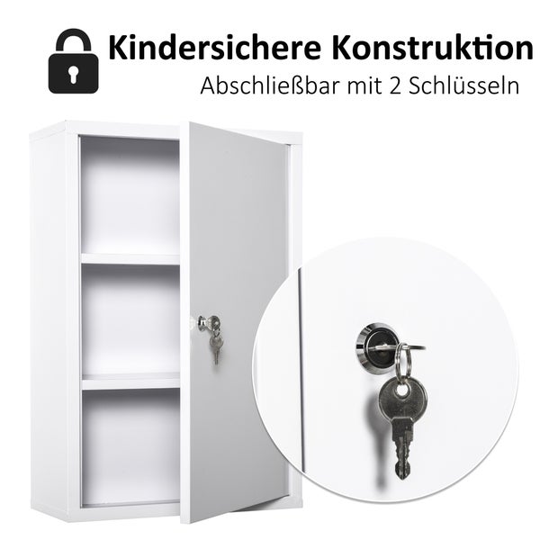 kleankin Medizinschrank Arzneischrank Erste-Hilfe-Schrank mit Schloss 3 Fächer Stahl Weiß 40 x 18 x 60 cm
