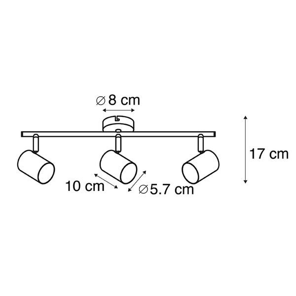 Technische Zeichnung einer Deckenleuchte mit drei Strahlern und Maßangaben