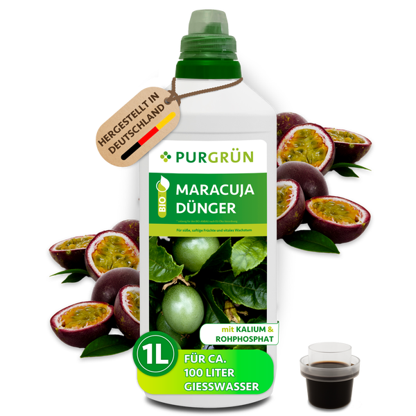 Purgrün Maracuja Dünger Bio-Konzentrat 1 Liter für circa 100 Liter Gießwasser, mit Dosierkappe für gesundes Pflanzenwachstum und Fruchtbildung.