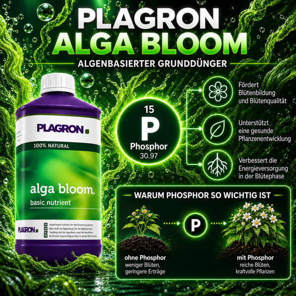 Plagron Alga Bloom Algenbasierter Grunddünger für Pflanzen in der Blütephase mit Phosphor Informationen.