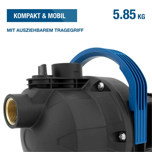 Gartenpumpe mit einem Gewicht von 5,85 Kilogramm und einem ausziehbaren Tragegriff für mobile Anwendungen.