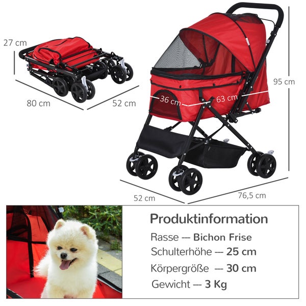 PawHut Hundebuggy, 76,5L x 52B x 95H cm, Stahl, Oxford-Gewebe, Rot