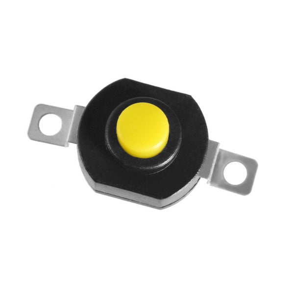 Druckschalter aus schwarzem Kunststoff mit gelbem Knopf und zwei Metalllaschen für den elektrischen Anschluss.