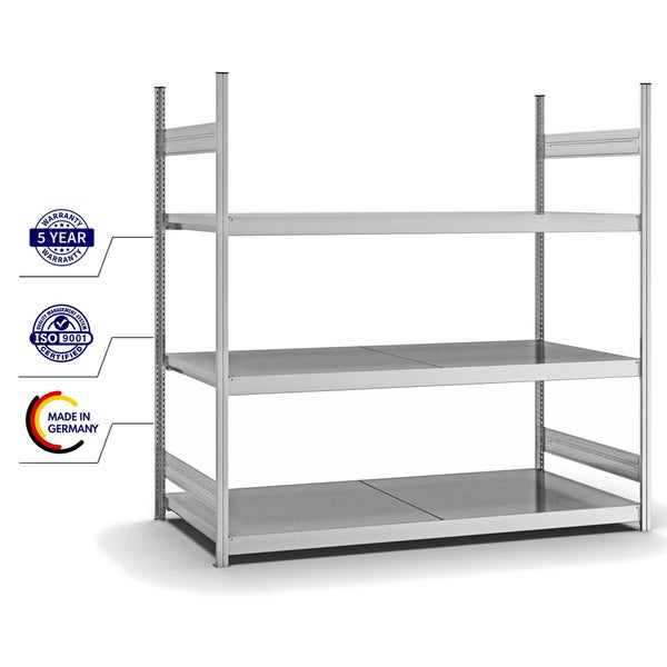 PROREGAL Weitspannregal Stecksystem T-Profil Grundregal HxBxT 200x200x80 cm 3 Ebenen Stahlplatten Fachboden Fachlast 350 kg Verzinkt