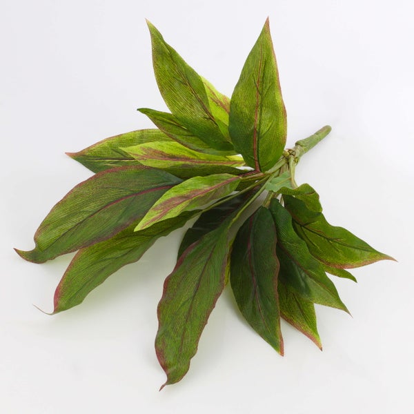 Künstlicher Cordyline-Zweig mit grünen Blättern und roten Blattadern.
