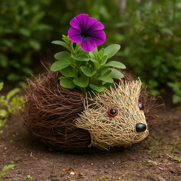 Igel Pflanzgefäß aus Naturfasern mit einer Blume bepflanzt