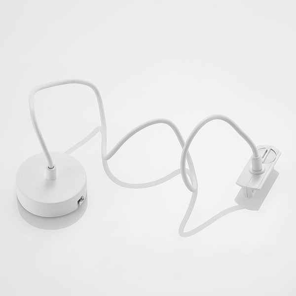 Weiße Deckenrosette mit Stromschienenadapter und flexiblem Kabel.