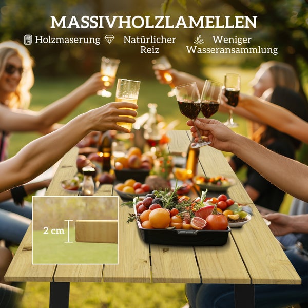 Outsunny Bierzeltgarnitur Holz 3-teilig Festzeltgarnitur mit Schirmloch Biertisch 2 x Bierbank Biertischgarnitur Sitzgarnitur Gartenmöbel Set für Balkon, Camping, Garten 175 x 148 x 78 cm Naturholz