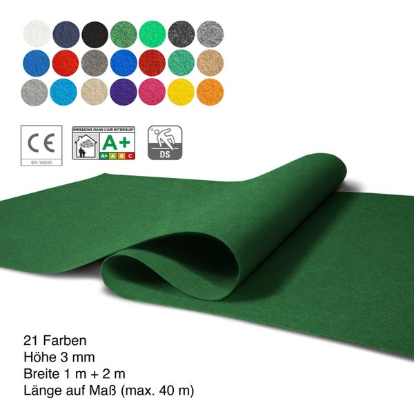 Nadelfilz Teppichboden in verschiedenen Farben, 3 Millimeter Höhe, 1 Meter und 2 Meter Breite, mit CE Kennzeichnung und Emissionsklasse A plus.