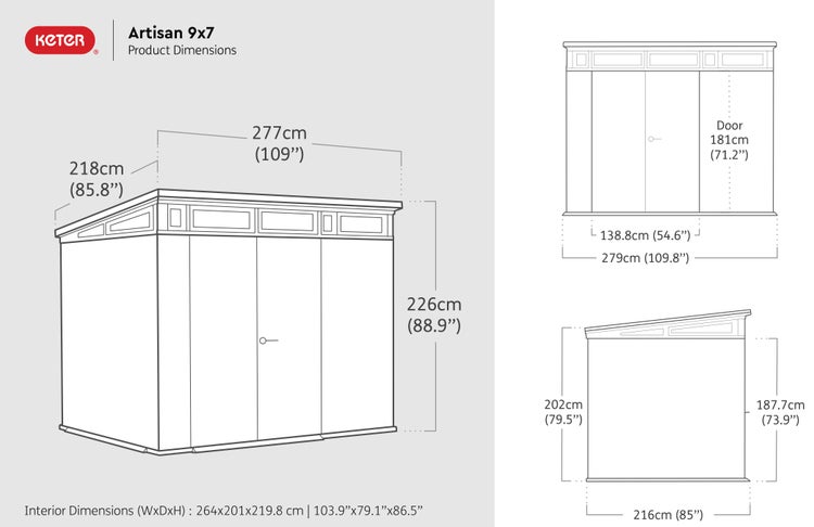 Keter Artisan 9x7 Gartenhaus Produktdimensionen