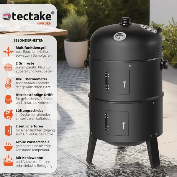 Smoker tectake  Ø 41 cm 3 in 1, zum Grillen, Räuchern, Garen schwarz