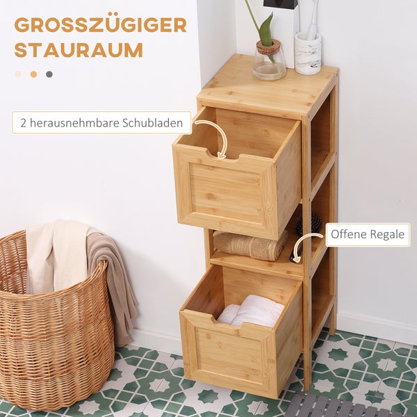 kleankin Badezimmerschrank Badschrank Aufbewahrungsschrank mit Kippschutz aus Bambus, Unterschrank mit 2 Schubladen, Lanfhausstil Beistellschrank, Naturholz, 30 x 30 x 90 cm
