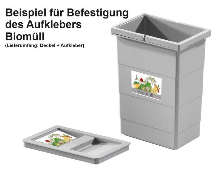 Grauer Bio-Abfalleimer aus Kunststoff mit Deckel und Aufkleber für Biomüll.