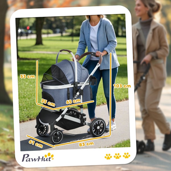 PawHut Hundewagen 3 in 1 Hundebuggy klappbar für Hunde & Katzen bis 10 kg Katzenbuggy mit Kissen Becherhalter Netzfenstern Türen Aufbewahrungskorb Katzenwagen Buggy Dunkelblau