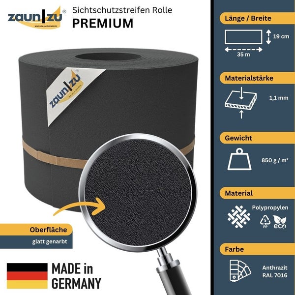 Zaun zu Sichtschutzstreifen Rolle Premium, 35 Meter lang und 19 Zentimeter breit, Materialstärke 1,1 Millimeter, Gewicht 850 Gramm pro Quadratmeter, Material Polypropylen, Farbe Anthrazit RAL 7016, Made in Germany