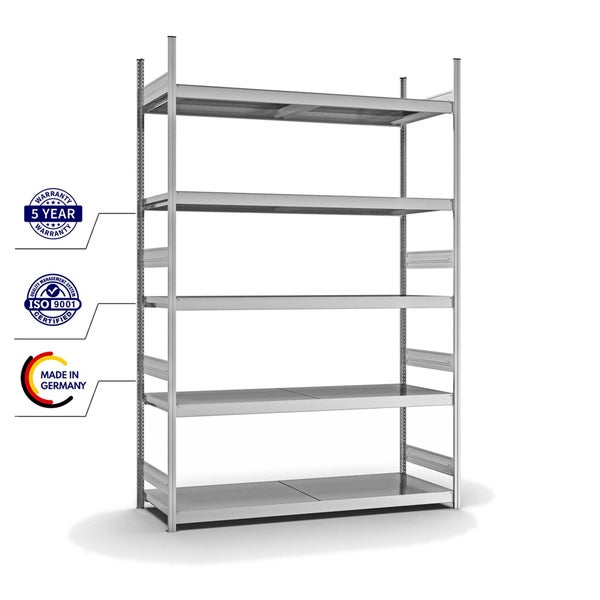 PROREGAL Weitspannregal Stecksystem T-Profil Grundregal HxBxT 300x200x60 cm 5 Ebenen Stahlplatten Fachboden Fachlast 350 kg Verzinkt