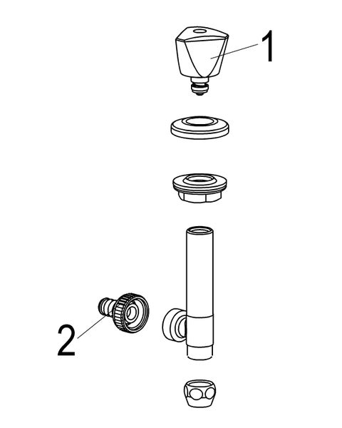 Explosionszeichnung einer Armatur mit nummerierten Einzelteilen, Griff und Anschlussstück.